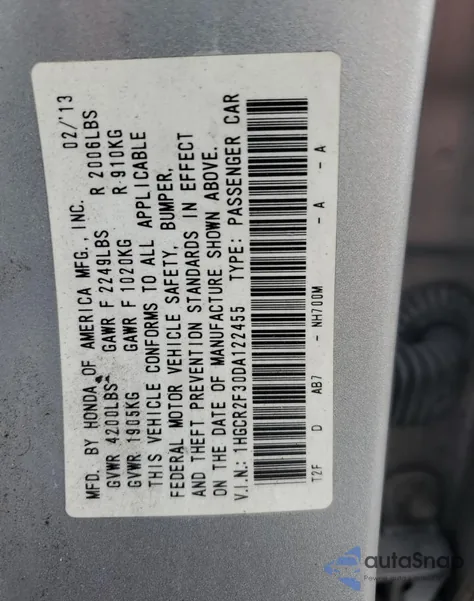 2013 Honda Accord Lx из США, поврежденный, VIN 1HGCR2F30DA122455